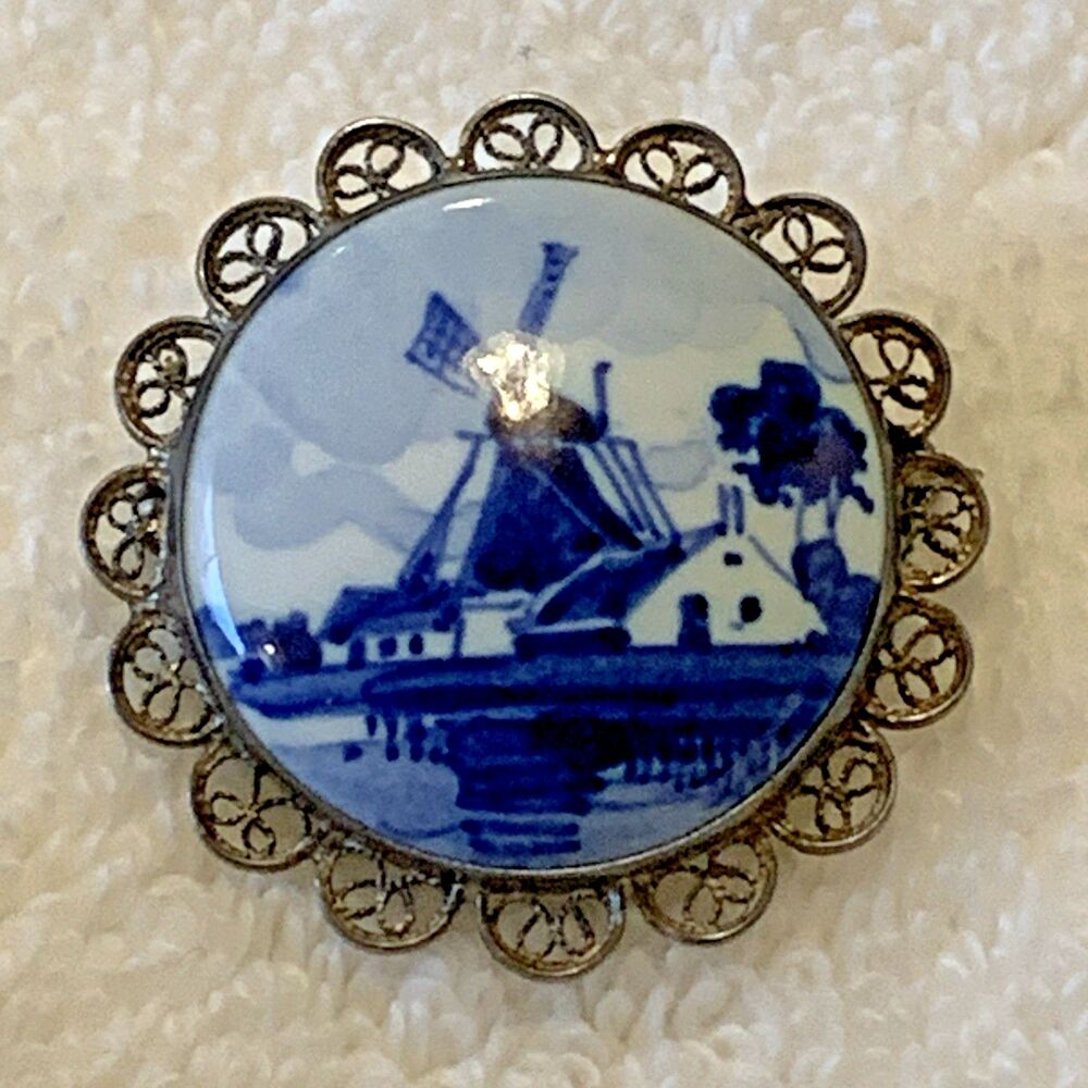 Vintage Signed Delft Blue Windmill Brooch Porcelain Scenic Pin Holland
